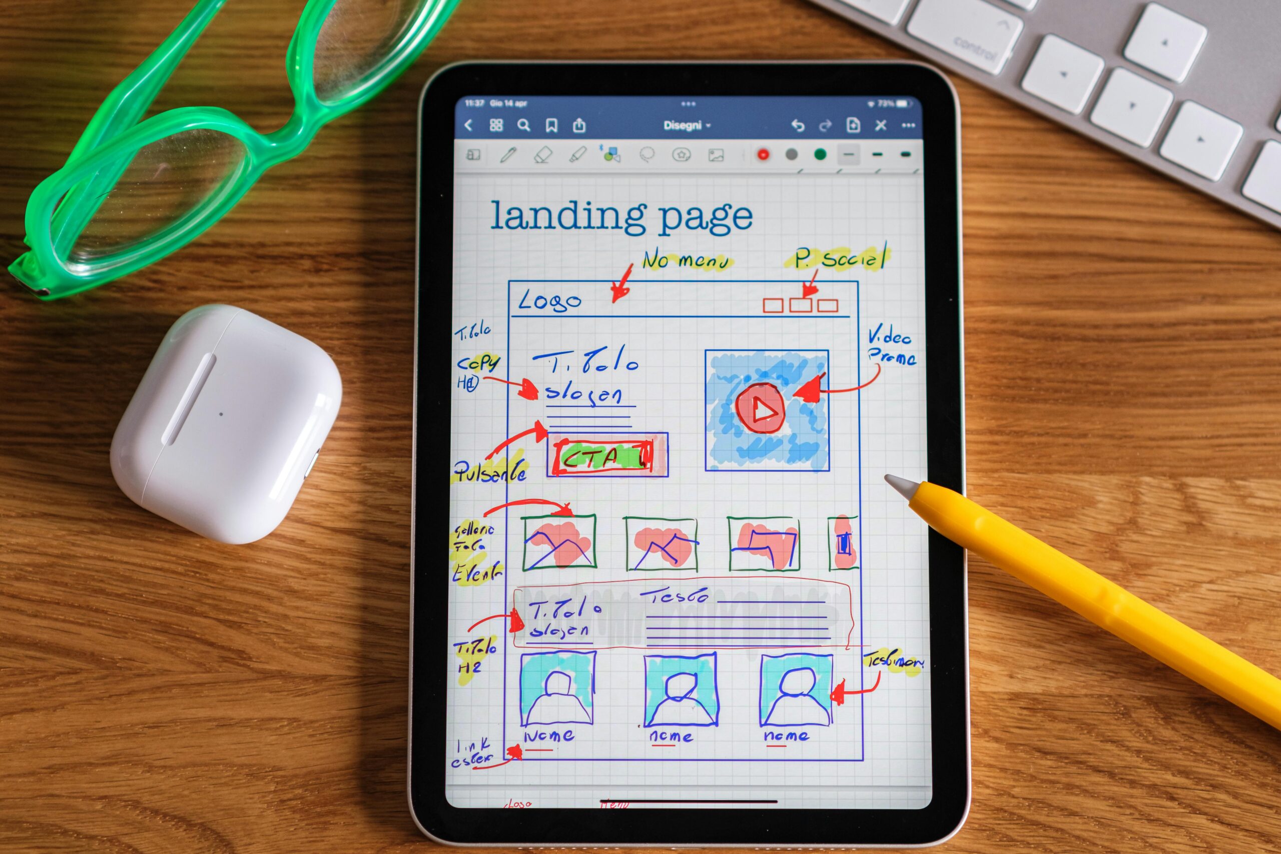 Landing page wireframe on tablet
